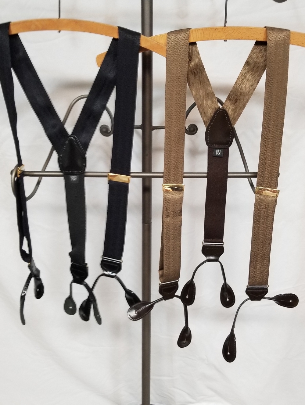 Silk Y Back Suspenders Button Style One Black & One Taupe Made In England